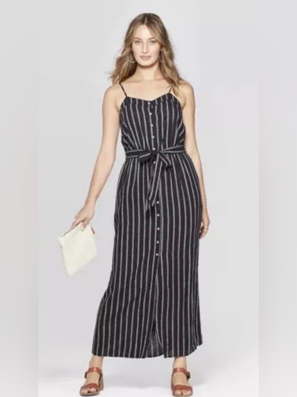 Universal Thread Maxi Dress Black Linen Striped Sleeveless Button Front XXL Plus